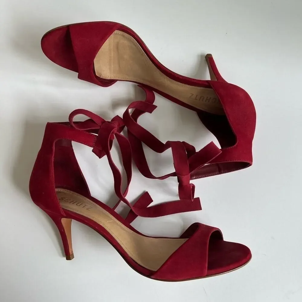 Anthropologie Schutz Tilan Red Suede Ankle Tie Stiletto Heels Women's Size 9